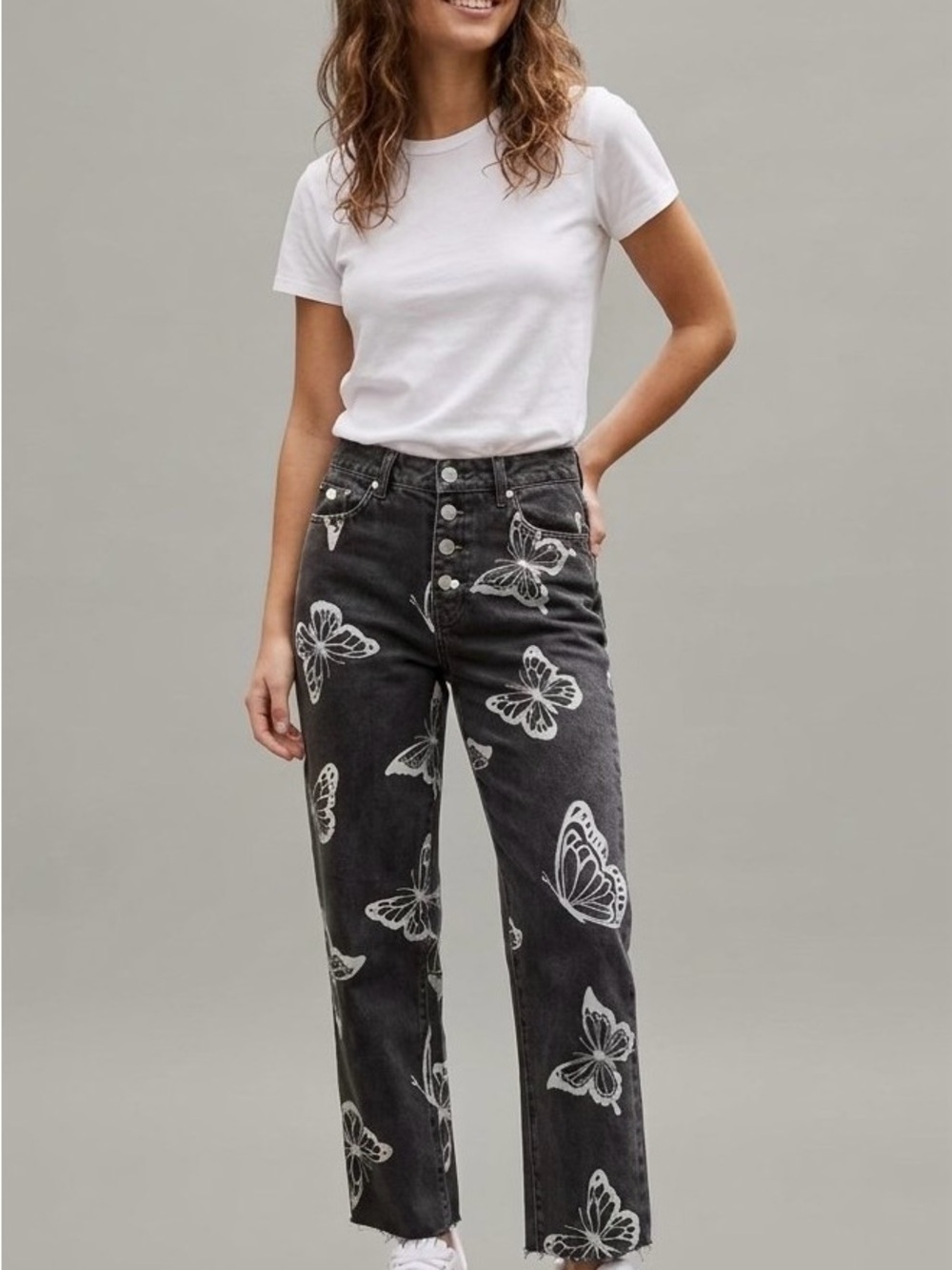 PacSun High Rise Straight Butterfly Print Jeans - Wash Black - Size 27